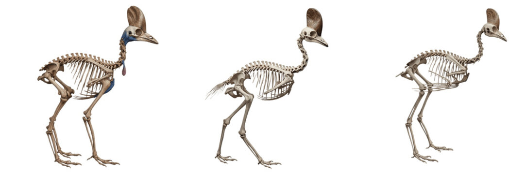 Cassowary skeleton, Casuarius casuarius, side profile, prehistoric-looking bird anatomy, Casuariidae ratite cranial casque bone extension structure, tridactyl inner lethal claw mapping tracking map