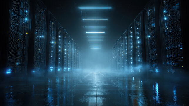 Futuristic data center with rows of glowing servers creates captivating atmosphere. mist adds mysterious touch, enhancing digital ambiance and technological essence