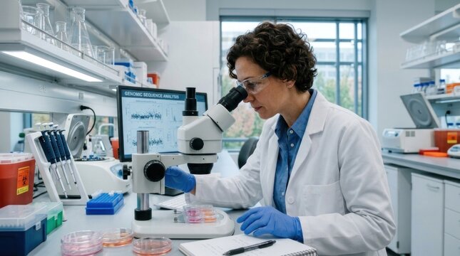 A female scientist wearing a white lab coat and glasses, using a microscope in a laboratory setting.