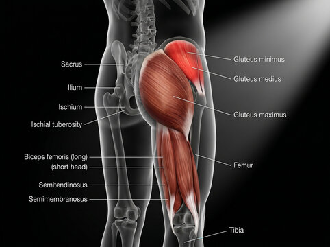 Anatomical illustration of the human gluteal and hamstring muscles with labels