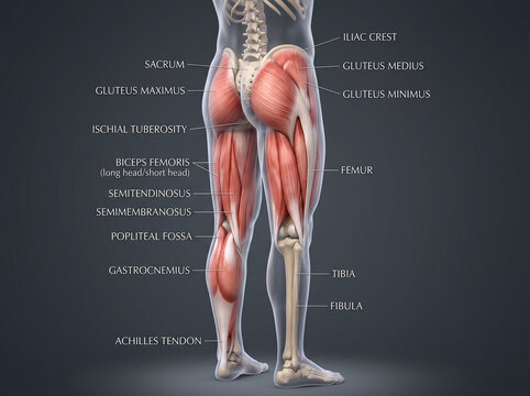 Detailed anatomical illustration of the human posterior leg muscles and skeletal structure