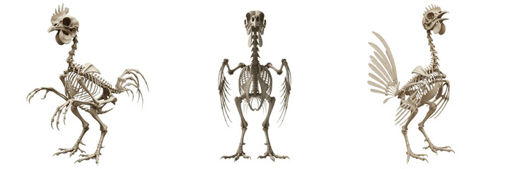 Rooster skeleton, Gallus gallus, standing proud posture, detailed claws and skull, Phasianidae galliform domestic fowl osteology, calcar tarsometatarsus calcar tarsal spur bone weapon framework system © SmartBee