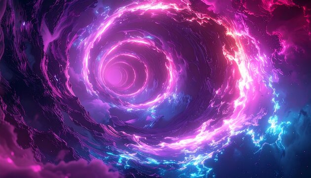 Swirling nebula of pink and blue light in a dark, celestial, twisting cloudscape