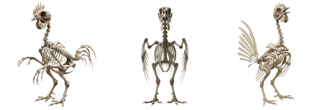 Rooster skeleton, Gallus gallus, standing proud posture, detailed claws and skull, Phasianidae galliform domestic fowl osteology, calcar tarsometatarsus calcar tarsal spur bone weapon framework system