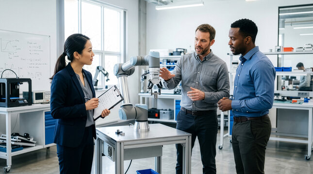 Academic Consultation Group Reviewing Scientific Scientific Apparatus in Laboratory Setting