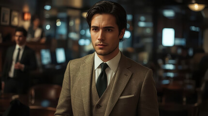 Fototapeta premium Young man in tailored suit standing in moody office bar with cinematic lighting