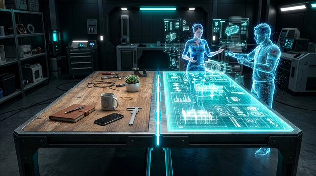 Digital Interface Over Wooden Table HighTech Display Modern Visualization Concept