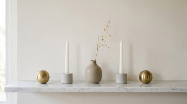 A minimalist arrangement of a beige vase, a single candle, and two spherical objects on a white marble shelf against a plain white wall.