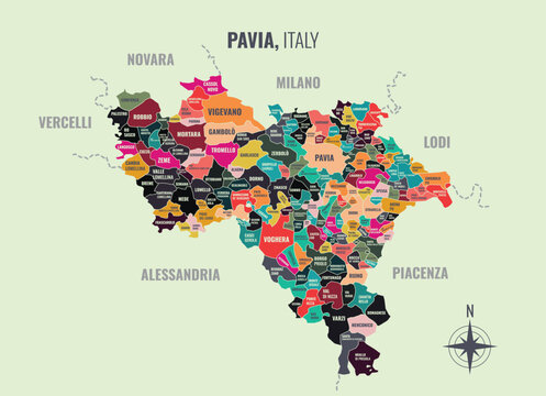 A map showing Pavia Italy Provincia into Comune in a minimalist colorful style