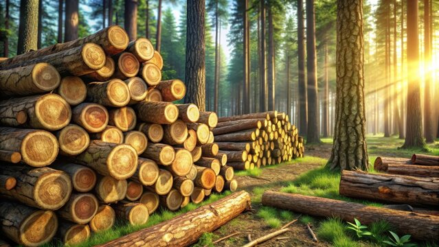 A stack of tree trunks in a forest clearing