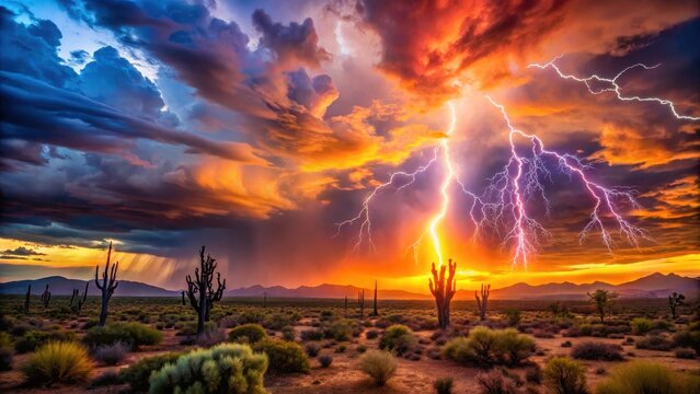 Sunset lightning storm painting the sky in vibrant colors in arizona desert
