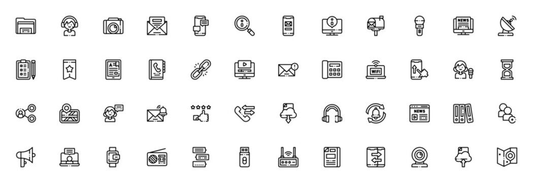 Communication and Media icon pack. Minimal thin line icons. Featuring folder, camera, mail, phone, computer, microphone, satellite dish, chat, download, and more. Editable vector stroke.