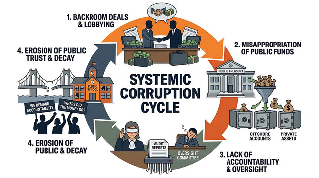 Systemic corruption cycle shows misappropriation of public funds in business deals.
