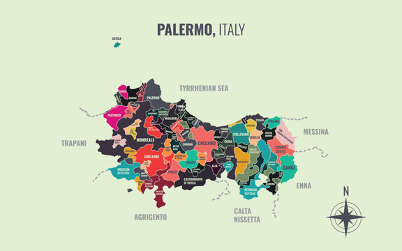 A map showing Palermo Italy Provincia into Comune in a minimalist colorful style