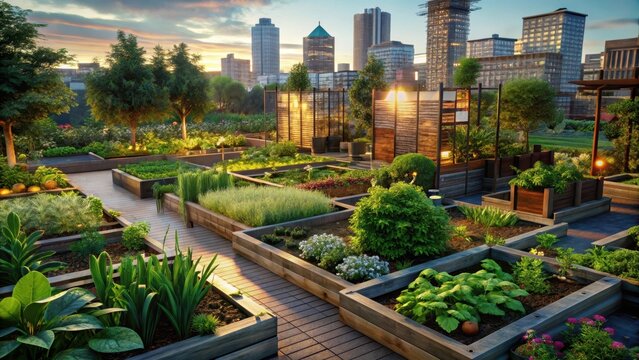 Urban community garden with thriving plants in city setting