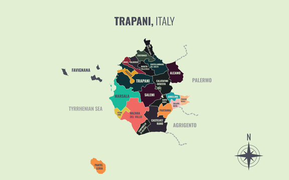 A map showing Trapani Italy Provincia into Comune in a minimalist colorful style