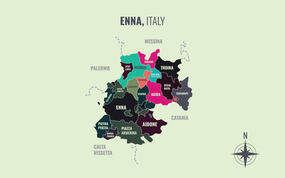 A map showing Enna Italy Provincia into Comune in a minimalist colorful style