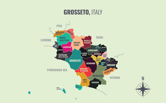 A map showing Grosseto Italy Provincia into Comune in a minimalist colorful style