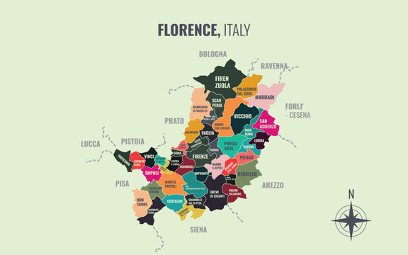 A map showing Florence Italy Provincia into Comune in a minimalist colorful style