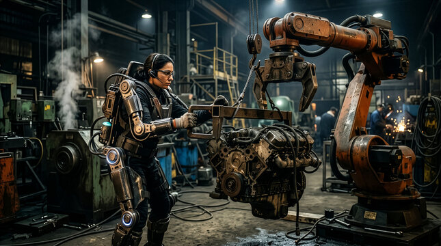 Industrial Robotics Arm Working with Complex Machinery in a Dimly Lit Facility