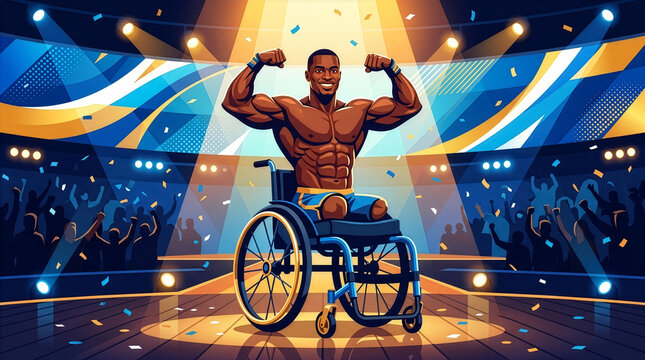 Powerful Male Athlete in Wheelchair Center Stage Sporting Achievement Winner