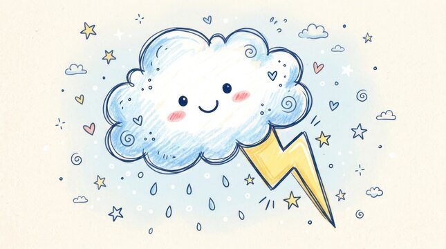 A cute cartoon cloud with a smiling face, lightning bolt, and raindrops, set against a starry night sky with clouds and stars.