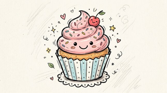 A cute, kawaii-style cupcake with pink frosting and a cherry on top, surrounded by hearts and stars, against a light brown background with a white border.