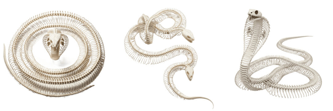 Cobra skeleton, Naja naja, coiled posture, elongated snake vertebrae structure, Elapidae squamata serpent osteology, flexible ribs expansion proteroglyphous fang cranial skull bone framework