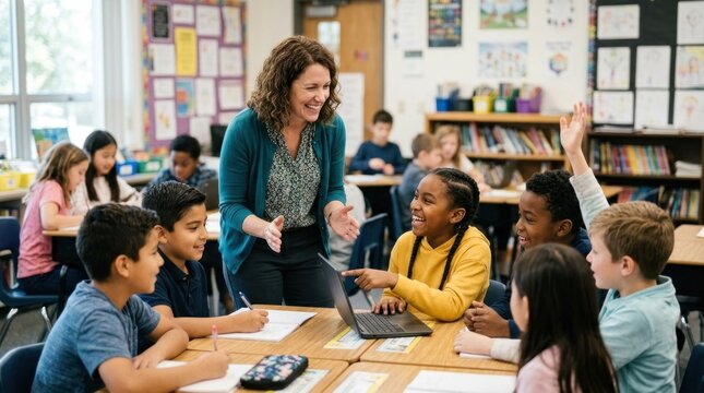A teacher standing in front of a classroom of students, interacting with them, with a laptop on a table in front of them.