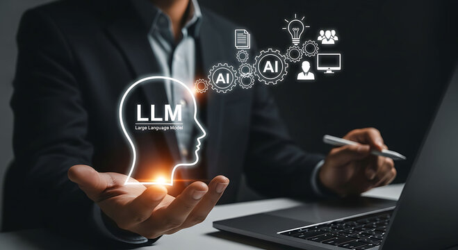 Business professional presenting large language model technology and AI concepts
