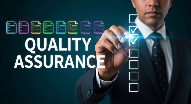 Business man checking boxes on virtual screen for quality assurance control