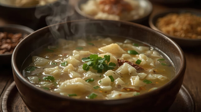 Steaming dumpling soup with herbs in rustic bowl, warm comforting broth and garnish
