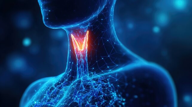 Hypothyroidism endocrine disorder medical artwork displaying underactive thyroid gland, hormone deficiency, human neck organ pathology, metabolic dysfunction, hormonal imbalance 