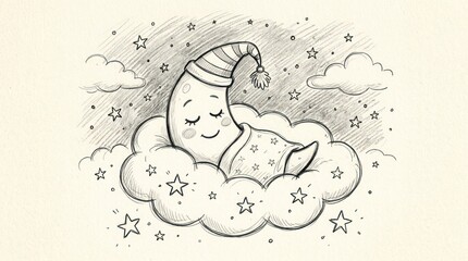 Naklejka premium A cute, cartoonish moon with a hat and pajamas, sleeping on a cloud with stars in the background.