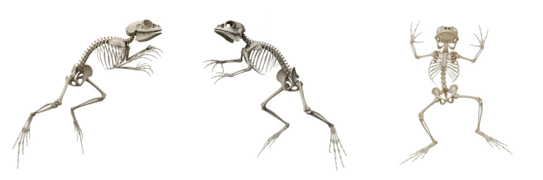 Frog skeleton, Rana temporaria, jumping pose, detailed amphibian anatomy, Ranidae anura osteology model, fused urostyle bone radioulna tibiofibula saltatorial limb skeletal framework calibration