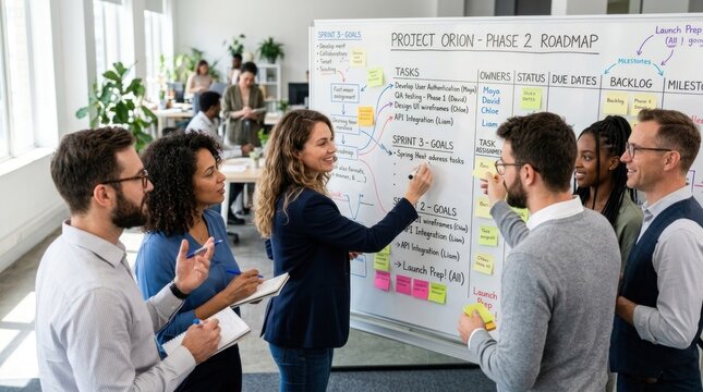 A diverse group of people in a modern office setting, collaborating on a project using a whiteboard with a roadmap and task list.