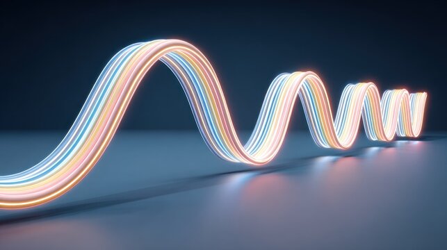 Glowing multicolored light stream flows in a winding, sinuous path across a dark surface
