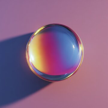 Spheroid object displays vibrant iridescent colors resting upon a soft-toned surface casting a distinct shadow.