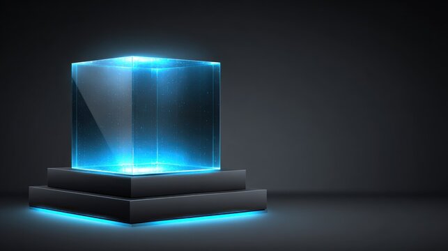 Glowing transparent cube rests upon a dark tiered display pedestal against a muted background