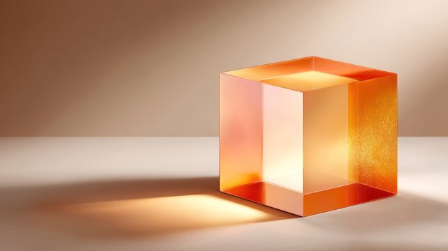 Illuminated translucent cube displays warm amber and orange tones on a neutral surface