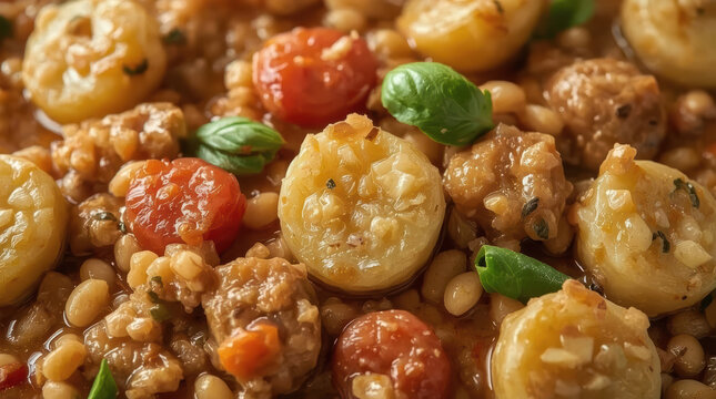 Roasted zucchini and cherry tomato stew with white beans and basil garnish, savory textures