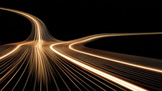 Abstract luminous curves define a pathway splitting into multiple streams against a dark background