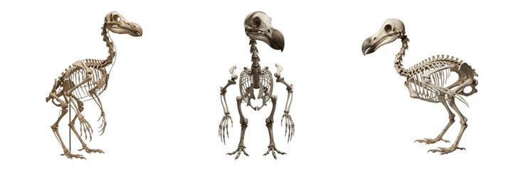Dodo bird skeleton, Raphus cucullatus, extinct bird anatomy, museum specimen style, Columbidae columbiform flightless avian osteology, robust pelvic girdle hind leg bone structure calibration chart © SmartBee