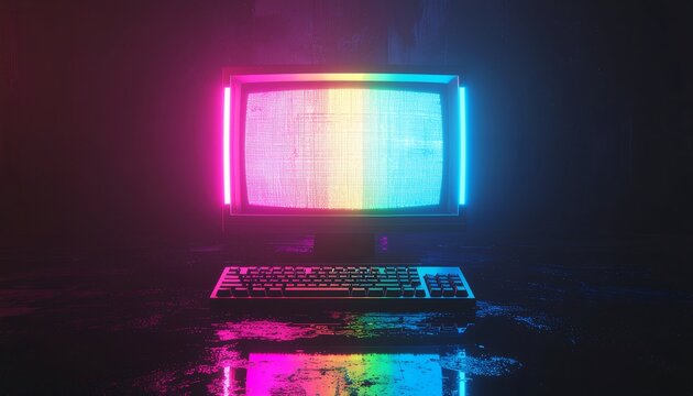 A retro CRT computer monitor displaying a vibrant rainbow static pattern, illuminated by neon pink and blue lights in a dark, reflective setting.