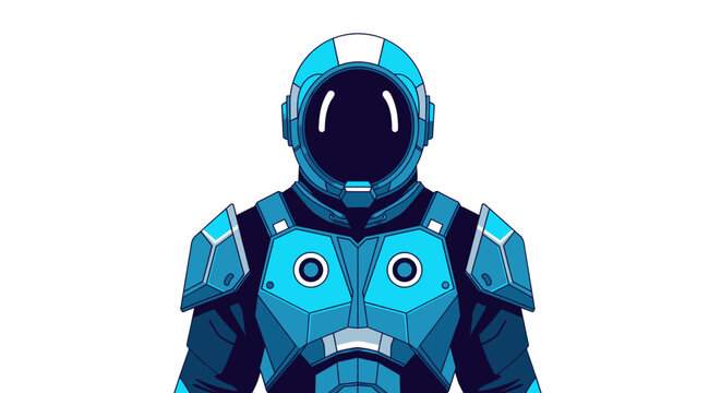 Futuristic astronaut in a blue suit with a dark visor.