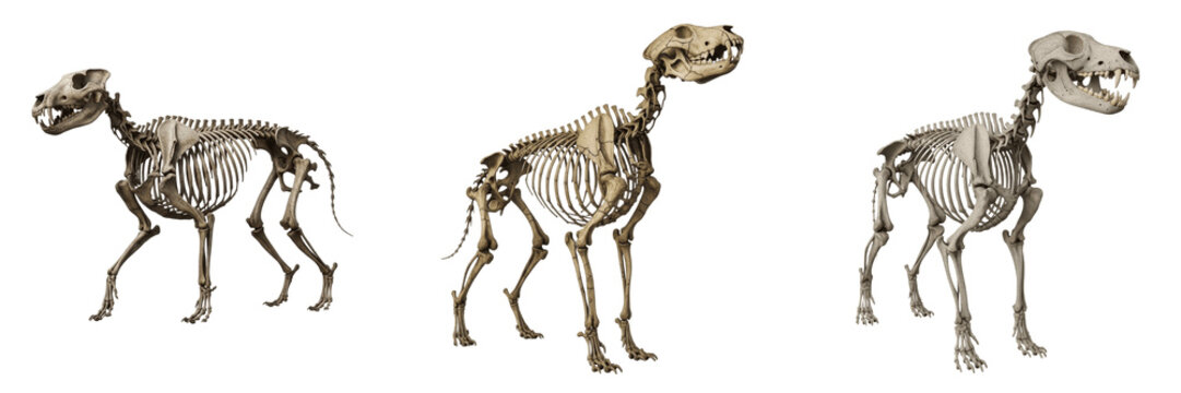Dire wolf skeleton, Aenocyon dirus, large canine fossil anatomy, Canidae pleistocene hypercarnivore osteology, robust cranial mandible structure quadrupedal apex predator bone alignment tracking map