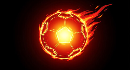 Fototapeta premium Flaming soccer ball with bright orange and yellow fire trails and glowing sparks isolated on a solid black background, for sports