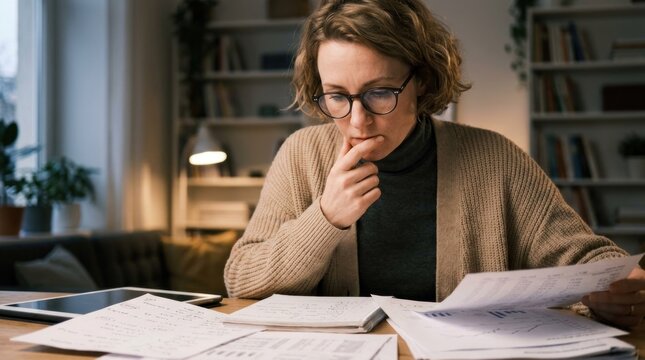 A woman wearing glasses, sitting at a table with papers and a tablet, looking at the papers with a thoughtful expression.