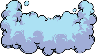 Fototapeta premium Hand-drawn light blue smoke or dust cloud with dense puffy layers, curled edges and floating bubbles, isolated on white for magic, impact, motion, fog, and cartoon action effects