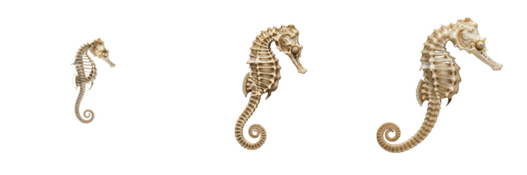 Seahorse skeleton, Hippocampus hippocampus, curled tail anatomy, miniature marine structure, Syngnathidae syngnathiformes osteology, dermal bony plates exoskeleton ring grid profiling framework
